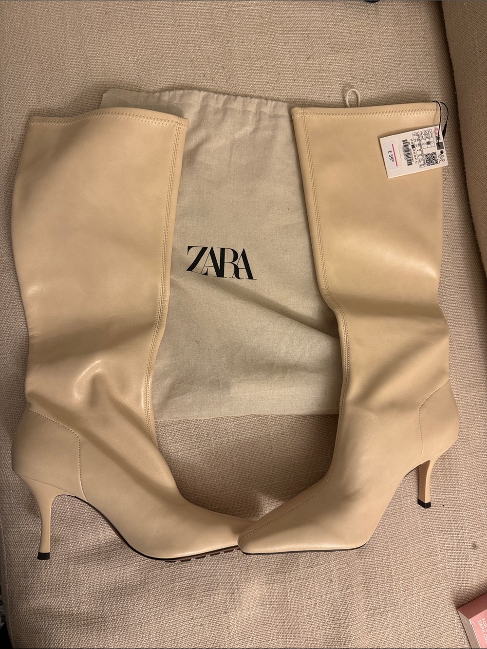 ZARA Beige Knee-High Leather Stiletto Boots